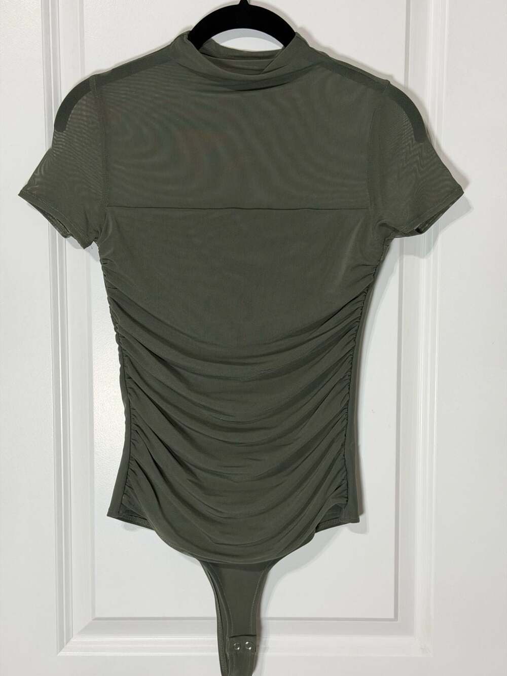 REORIA Women's Sexy Short Sleeve Mock Neck Ruched Mesh Bodysuit In Olive